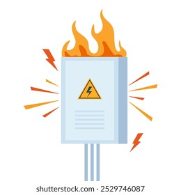 El panel eléctrico se incendió. Centralita dañada. Situación de peligro. Alto voltaje. Ilustración vectorial