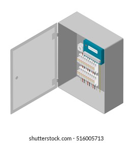 electrical panel, electric meter and circuit breakers.