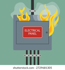 Electrical panel fire hazard. Vector illustration showing an electrical panel emitting flames and smoke. Technical graphic for safety manuals, training materials, maintenance guides, and industrial presentations