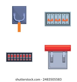 Electrical panel icons set cartoon vector. Electric breaker switchbox. Power control equipment