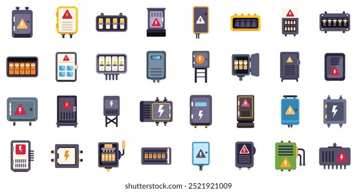 Electrical panel icons set featuring various designs and configurations, providing a comprehensive visual representation of electrical distribution and control systems