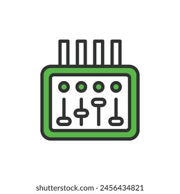 Electrical panel, in line design, green. Electrical, panel, Circuit breaker, Power distribution, Control panel, Switchboard, Fuse box on white background vector. Electrical panel editable stroke icon.