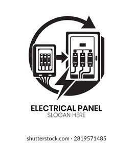 Electrical Panel logo depicts a detailed electrical distribution board equipped with circuit breakers and system switches. This technical and precise design is tailored for electrical contractors, power distribution companies, panel builders, or industrial automation firms requiring a clean, professional identity emphasizing safety, electrical control, and engineering accuracy.