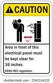 Electrical panel sign and labels keep away area in front of this electrical panel must be kept clear