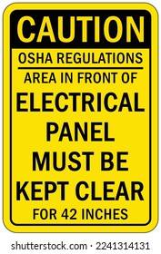 Electrical panel sign and labels keep away area in front of this electrical panel must be kept clear