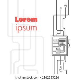 Electrical panel, switch with wires, electric meter in box on white background.