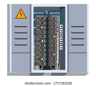 Electrical panel with switcher, fuse, contactor, wire, automatic circuit breaker isolated on white background. Stainless steel switchboard box. Wiring maintenance repair service. Power distribution svg