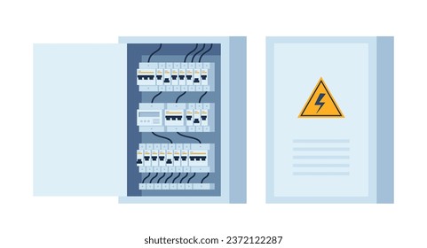 Electrical panel with switches, fuse, contactor, wire, automatic circuit breaker. Stainless steel switchboard box. Power distribution device. Vector illustration