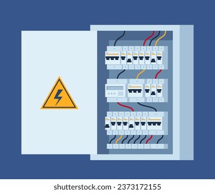 Electrical panel with switches, fuse, contactor, wire, automatic circuit breaker. Stainless steel switchboard box. Power distribution device. Vector illustration