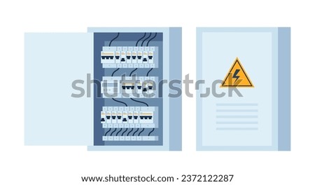Electrical panel with switches, fuse, contactor, wire, automatic circuit breaker. Stainless steel switchboard box. Power distribution device. Vector illustration