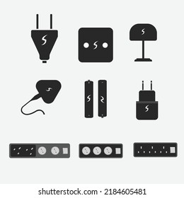 Electrical panels, lamp, electrical cables and charger. Rectangle button icon Power plug