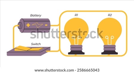 Electrical parallel circuit conductor combined wire paths connection lightbulb switch battery cable component science physics education experiment electric power technology icon design schematic