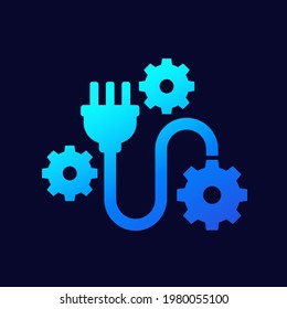 electrical plug with 3 pins and gears vector icon