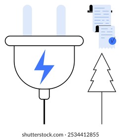 Electrical plug with a blue lightning symbol is shown, accompanied by a checklist with a blue checkmark and a tree outline. Ideal for eco-friendly designs, energy-saving tips, sustainable living