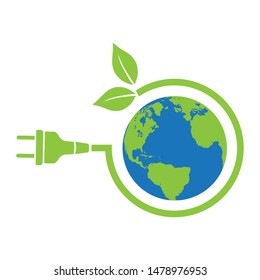 Electrical plug cable, green leaves and planet Earth, vector 