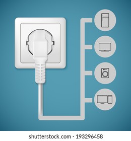 Electrical plug closeup. Flat icons with silhouettes of electric appliances.