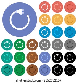 Electrical plug and cord multi colored flat icons on round backgrounds. Included white, light and dark icon variations for hover and active status effects, and bonus shades.