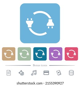 Electrical plug and cord white flat icons on color rounded square backgrounds. 6 bonus icons included