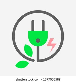 Electrical plug with cord wrapped around and green leaves to indicate renewable energy
