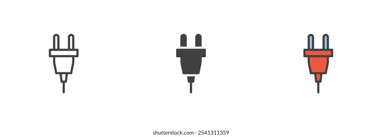 Conjunto de iconos de estilo diferente de enchufe eléctrico. Línea, glifo y contorno relleno versión colorida, contorno y signo de Vector relleno. Símbolo, ilustración del logotipo. Gráficos de Vector