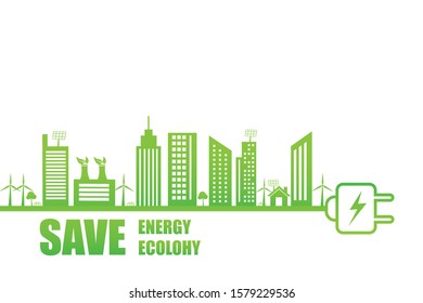 Electrical plug with green city. Save energy and ecology on white background. Environmental and global care. Eco sustainable development concept. Vector illustration in flat design.