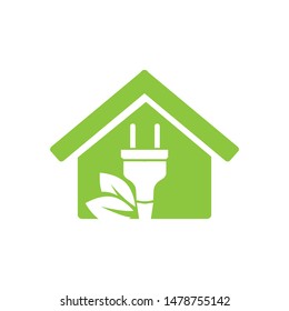 electrical plug, green leaves and house, vector icon 