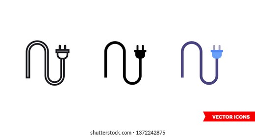 Electrical plug icon of 3 types: color, black and white, outline. Isolated vector sign symbol.