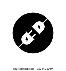 Electrical plug icon with lightning bolt, symbolizing power connection and energy supply in black and white