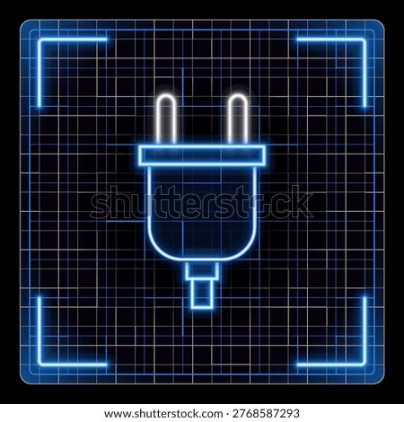 Electrical plug icon, outlet power energy symbol. Glowing neon icon with border grid vector, editable strokes graphic style.