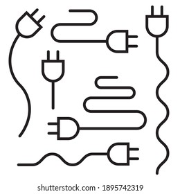 Electrical plug icon set, black line icons isolated on white background, vector illustration.