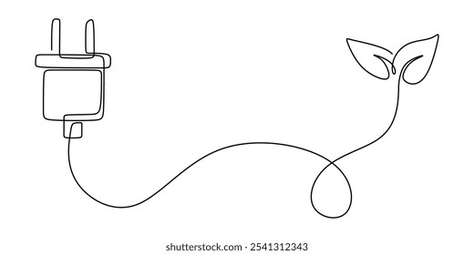 Electrical plug with leaf in continuous one line drawing. Eco-friendly energy concept promoting sustainability.