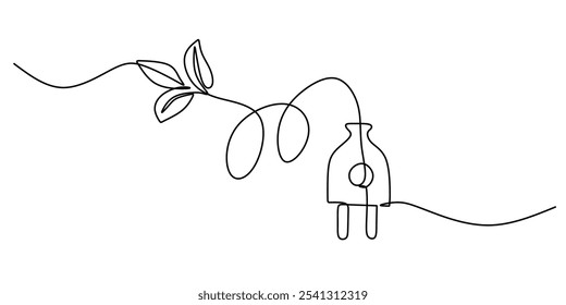 Electrical plug with leaf icon in continuous one line drawing. Green energy concept for eco-friendly electricity solutions.