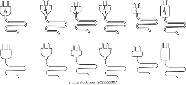 Electrical plug with lighting symbol and cable black vector icon set. Plug with wire cable ,energy , power, connection simple glyph pictogram symbol collection isolated on transparent background.