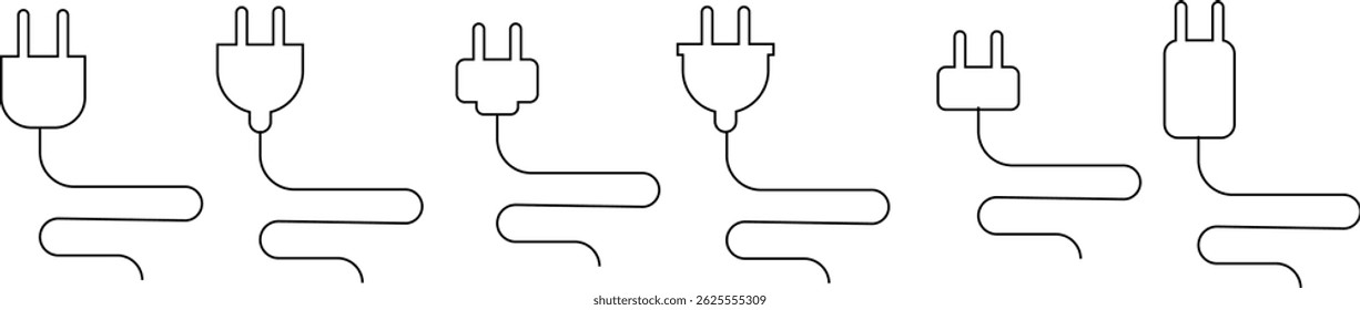 Electrical plug with lighting symbol and cable black vector icon set. Plug with wire cable ,energy , power, connection simple glyph pictogram symbol collection isolated on transparent background.