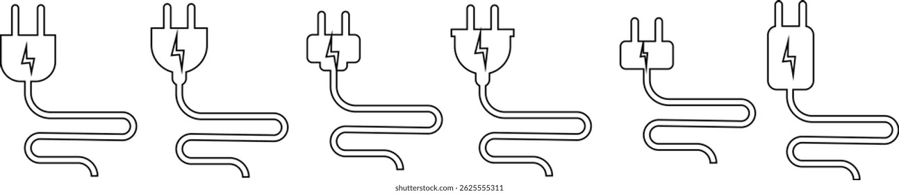 Electrical plug with lighting symbol and cable black vector icon set. Plug with wire cable ,energy , power, connection simple glyph pictogram symbol collection isolated on transparent background.