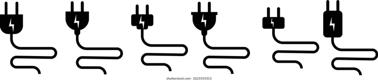 Electrical plug with lighting symbol and cable black vector icon set. Plug with wire cable ,energy , power, connection simple glyph pictogram symbol collection isolated on transparent background.