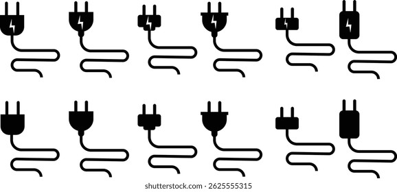 Electrical plug with lighting symbol and cable black vector icon set. Plug with wire cable ,energy , power, connection simple glyph pictogram symbol collection isolated on transparent background.