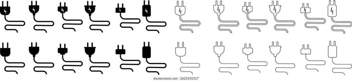 Electrical plug with lighting symbol and cable black vector icon set. Plug with wire cable ,energy , power, connection simple glyph pictogram symbol collection isolated on transparent background.