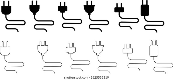 Electrical plug with lighting symbol and cable black vector icon set. Plug with wire cable ,energy , power, connection simple glyph pictogram symbol collection isolated on transparent background.