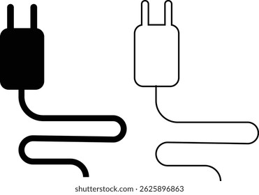 Electrical plug with lighting symbol and cable black vector icon set. Plug with wire cable ,energy , power, connection simple glyph pictogram symbol collection isolated on transparent background.