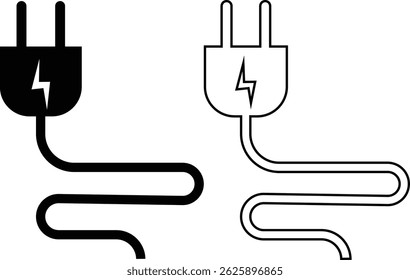Electrical plug with lighting symbol and cable black vector icon set. Plug with wire cable ,energy , power, connection simple glyph pictogram symbol collection isolated on transparent background.