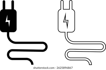 Electrical plug with lighting symbol and cable black vector icon set. Plug with wire cable ,energy , power, connection simple glyph pictogram symbol collection isolated on transparent background.