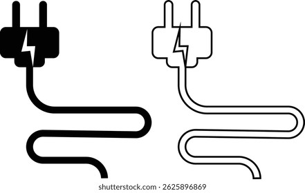 Electrical plug with lighting symbol and cable black vector icon set. Plug with wire cable ,energy , power, connection simple glyph pictogram symbol collection isolated on transparent background.