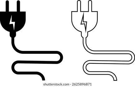 Electrical plug with lighting symbol and cable black vector icon set. Plug with wire cable ,energy , power, connection simple glyph pictogram symbol collection isolated on transparent background.