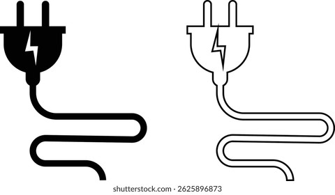 Electrical plug with lighting symbol and cable black vector icon set. Plug with wire cable ,energy , power, connection simple glyph pictogram symbol collection isolated on transparent background.