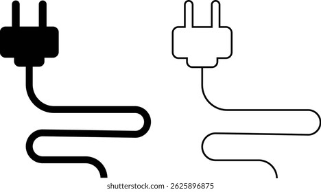 Electrical plug with lighting symbol and cable black vector icon set. Plug with wire cable ,energy , power, connection simple glyph pictogram symbol collection isolated on transparent background.