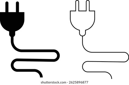Electrical plug with lighting symbol and cable black vector icon set. Plug with wire cable ,energy , power, connection simple glyph pictogram symbol collection isolated on transparent background.