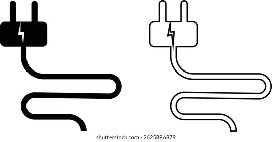 Electrical plug with lighting symbol and cable black vector icon set. Plug with wire cable ,energy , power, connection simple glyph pictogram symbol collection isolated on transparent background.