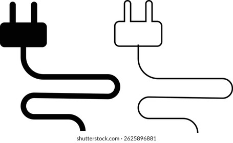 Plugue elétrico com símbolo de iluminação e cabo ícone de vetor preto definido. Conecte com cabo de arame, energia, energia, conexão, coleção de símbolos de pictograma de glifo simples isolado no fundo transparente.