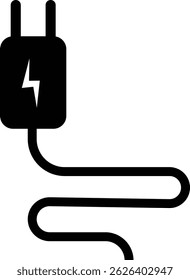 Electrical plug with lighting symbol and cable black vector icon Plug with wire cable ,energy , power, connection simple glyph pictogram symbol isolated on transparent background.